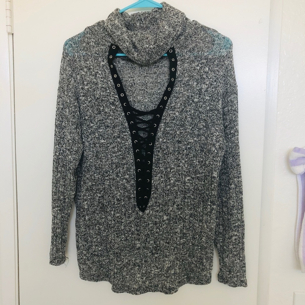 Better Be Marled Grey Lace up Sweater